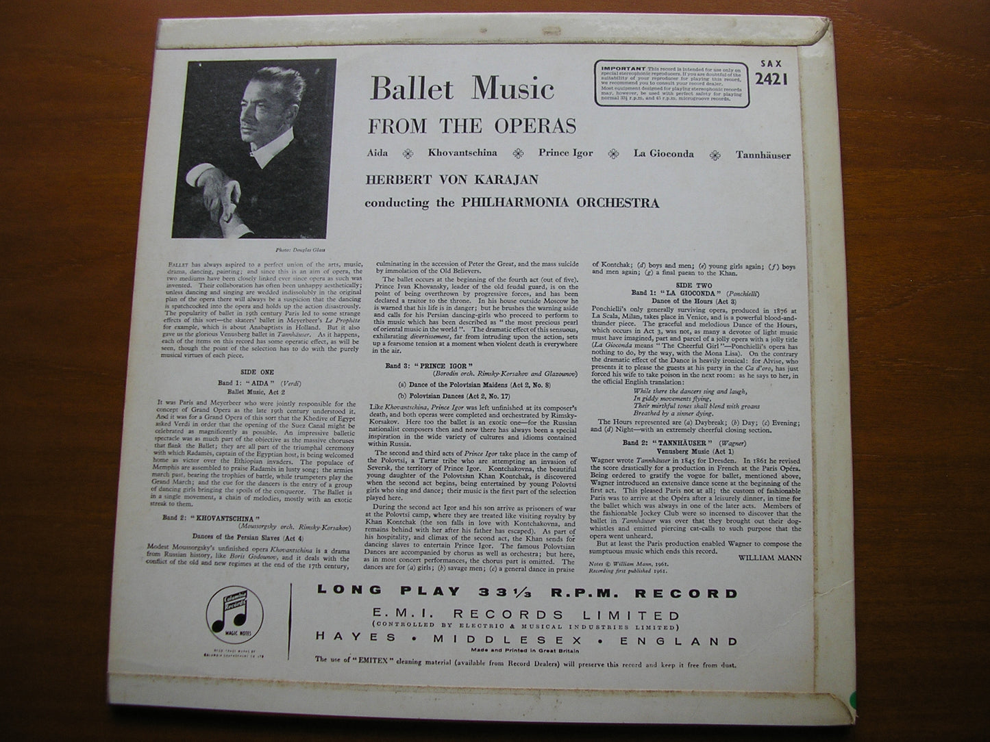 BALLET MUSIC from the OPERAS: VERDI / WAGNER / BORODIN / MUSSORGSKY / PONCHIELLI       PHILHARMONIA / KARAJAN    SAX 2421
