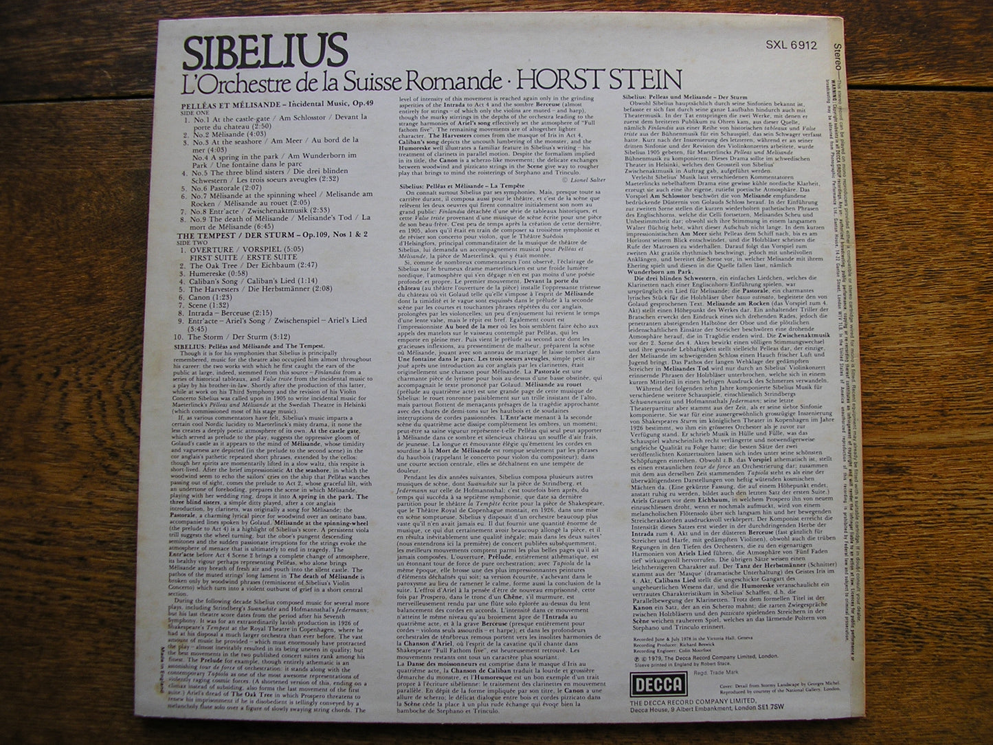 SIBELIUS: PELLEAS & MELISANDE / THE TEMPEST    HORST STEIN / SRO    SXL 6912