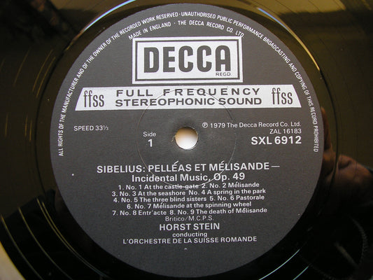 SIBELIUS: PELLEAS & MELISANDE / THE TEMPEST    HORST STEIN / SRO    SXL 6912