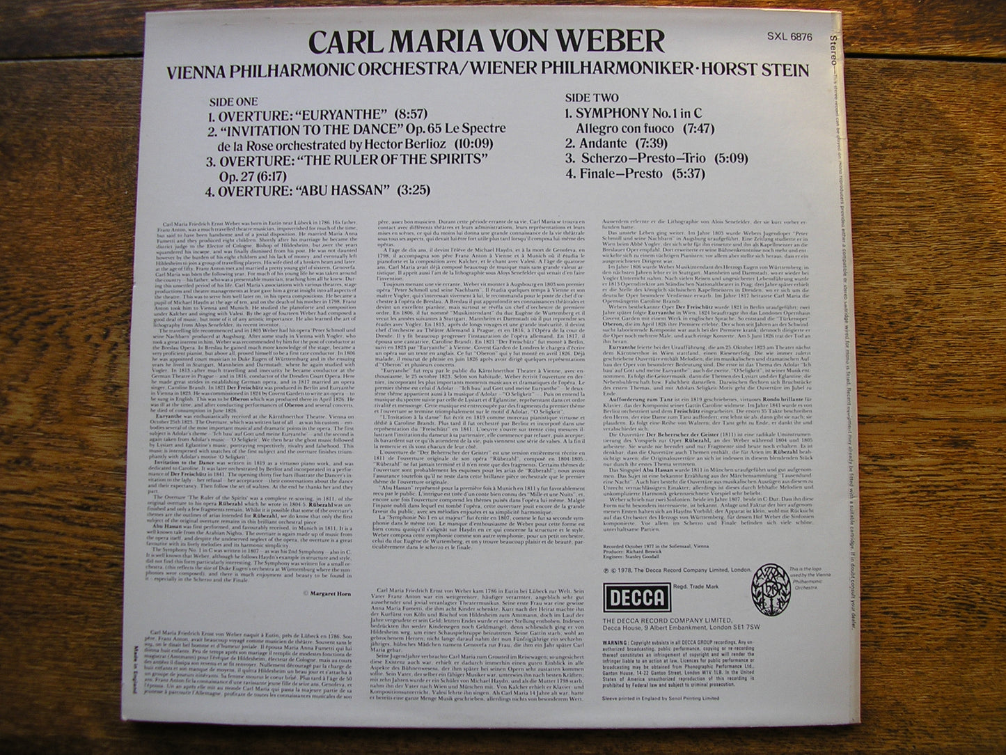 WEBER: SYMPHONY No. 1 / THREE OVERTURES / INVITATION TO THE DANCE   STEIN / VPO   SXL 6876
