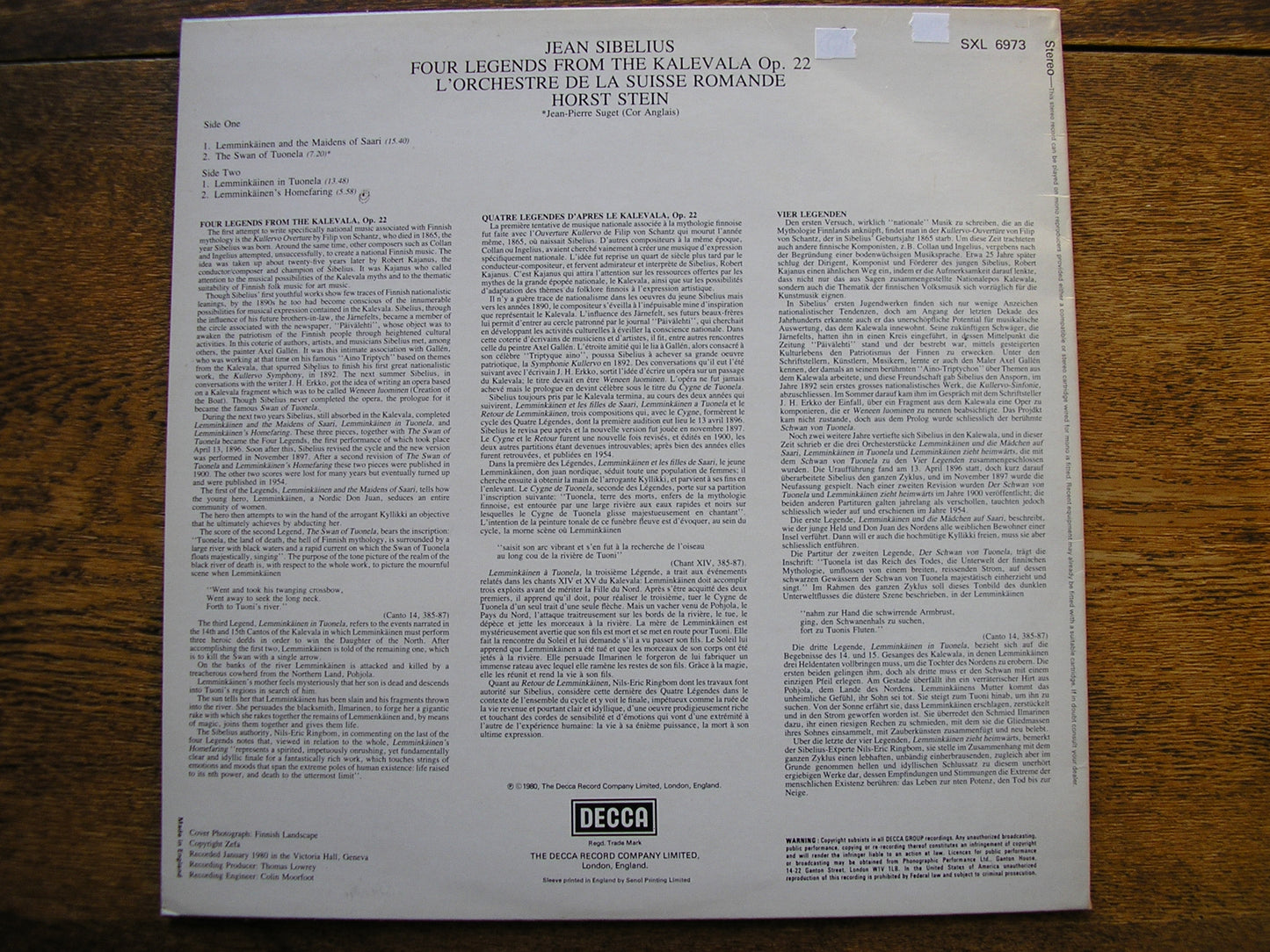 SIBELIUS: FOUR LEGENDS FROM THE KALEVALA   HORST STEIN / SRO   SXL 6973