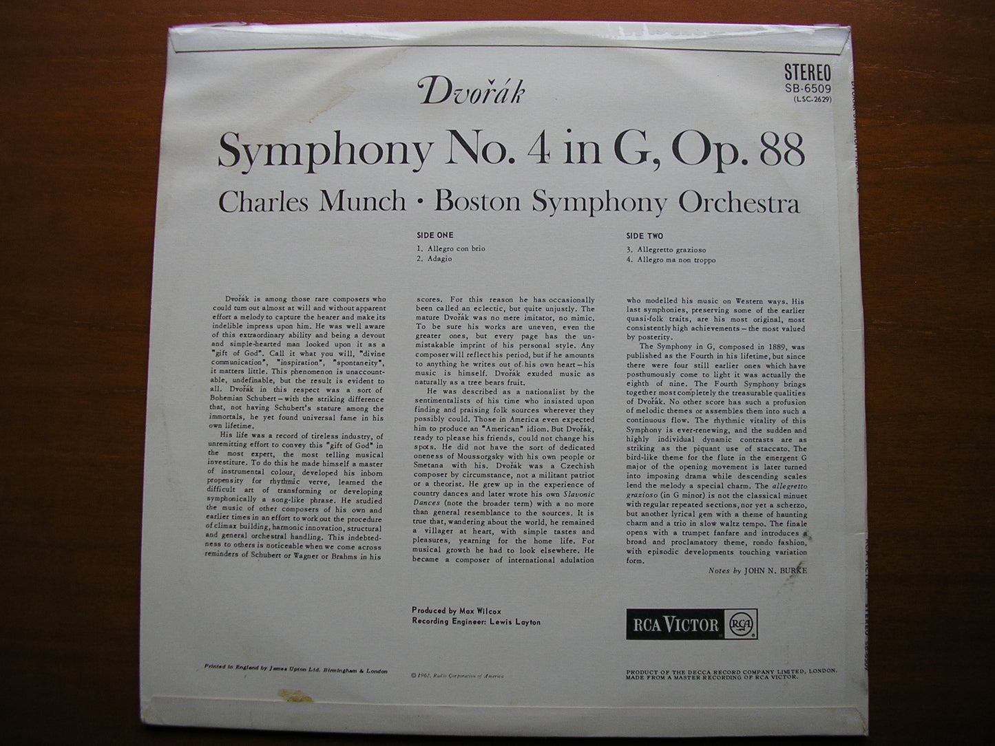 DVORAK: SYMPHONY No. 8 in G (formerly No. 4)     MUNCH / BOSTON SYMPHONY    SB 6509