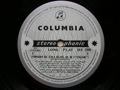 MENDELSSOHN: SYPHONY No. 4 / SCHUMANN: SYMPHONY No. 4     KLEMPERER / PHILHARMONIA ORCHESTRA    SAX 2398