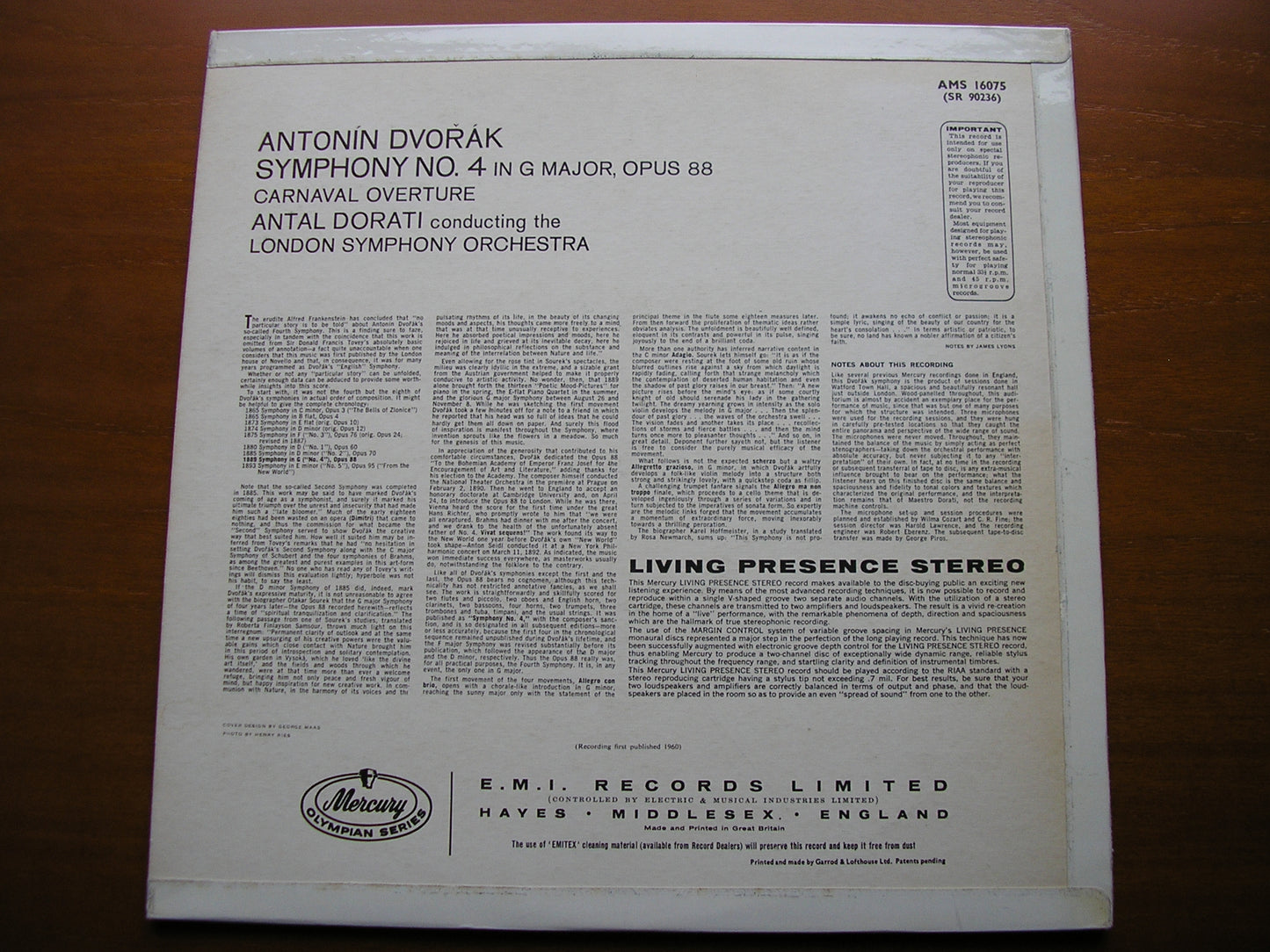 DVORAK: SYMPHONY No. 8 in G (formerly No. 4) / CARNAVAL OVERTURE    DORATI / LONDON SYMPHONY   AMS 16075