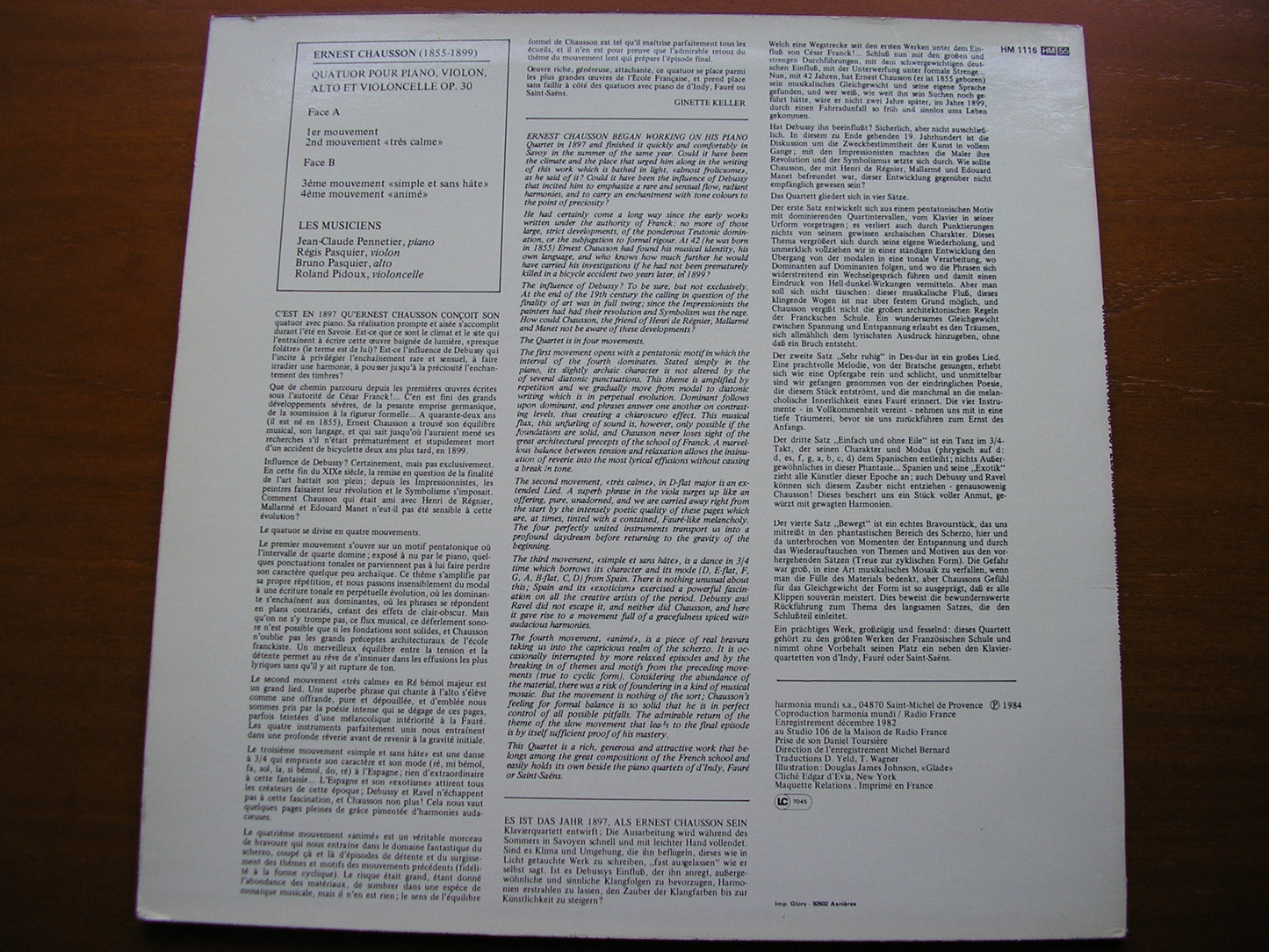 CHAUSSON: PIANO QUARTET Op. 30   LES MUSICIENS     HM 1116