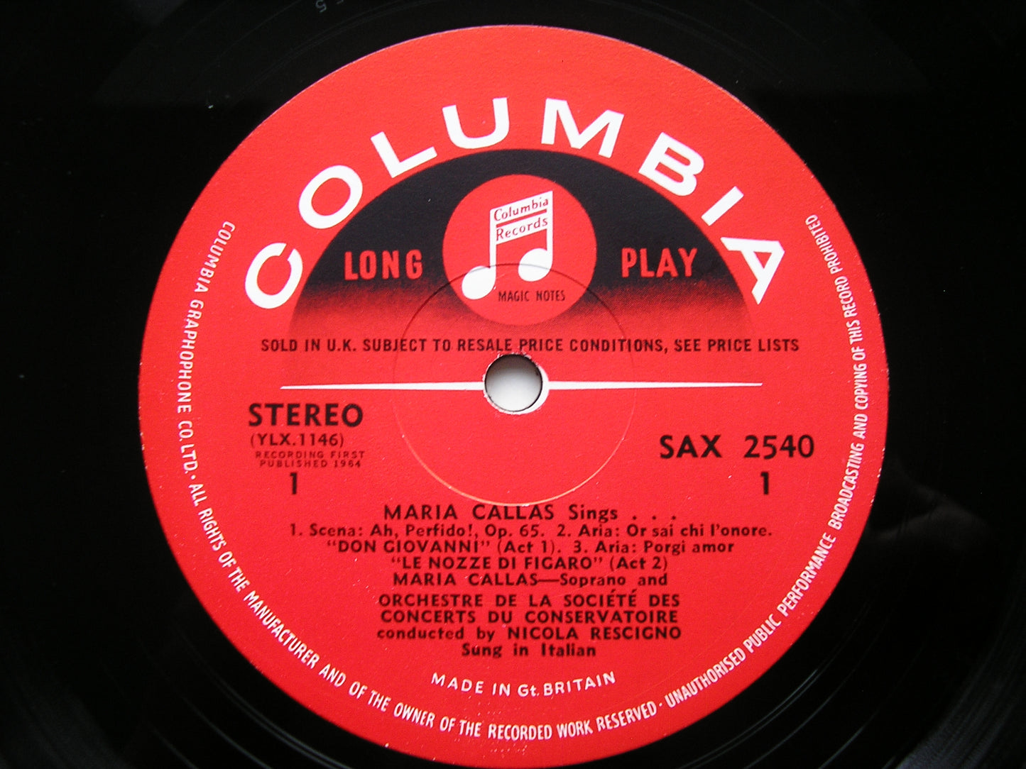 SAX 2540  CALLAS SINGS MOZART / WEBER / BEETHOVEN      CALLAS / PARIS CONSERVATOIRE / RESCIGNO