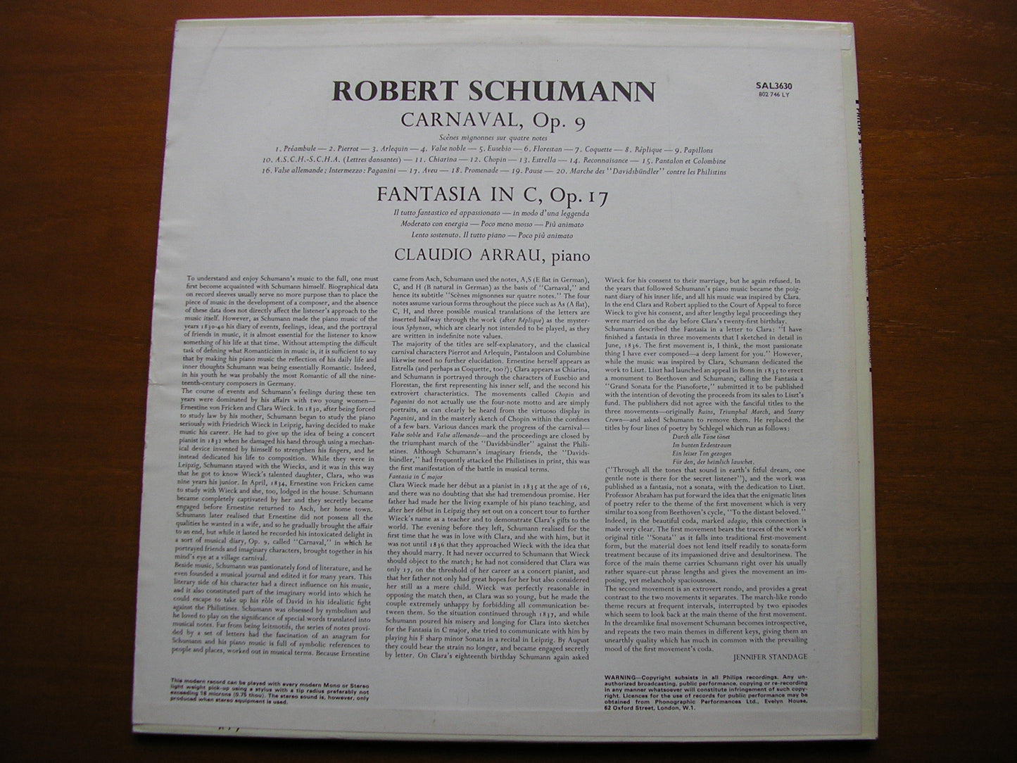SCHUMANN: CARNAVAL Op. 9 / FANTASIA Op. 17      CLAUDIO ARRAU     SAL 3630