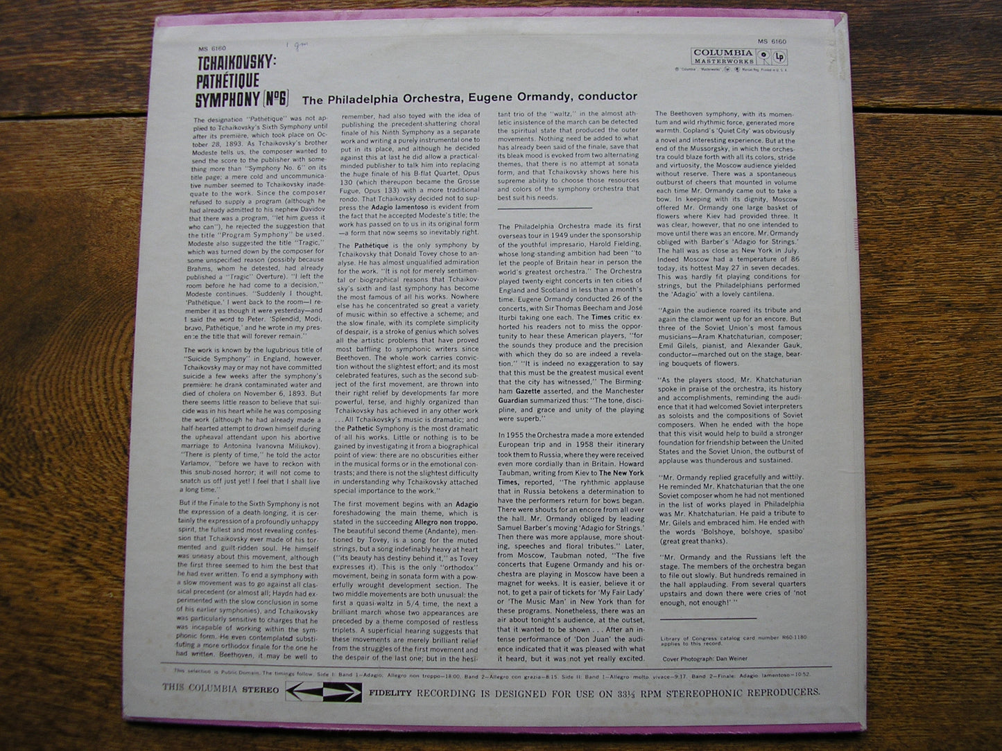 TCHAIKOVSKY: SYMPHONY No. 6 'Pathetique'   EUGENE ORMANDY / PHILADELPHIA   MS 6160
