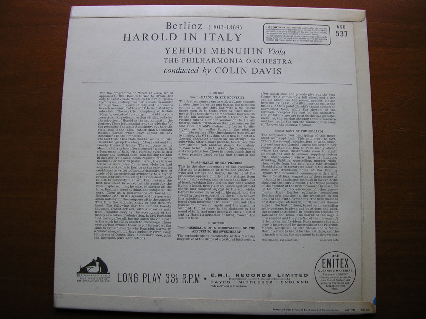BERLIOZ: HAROLD IN ITALY   MENUHIN / PHILHARMONIA / DAVIS     ASD 537