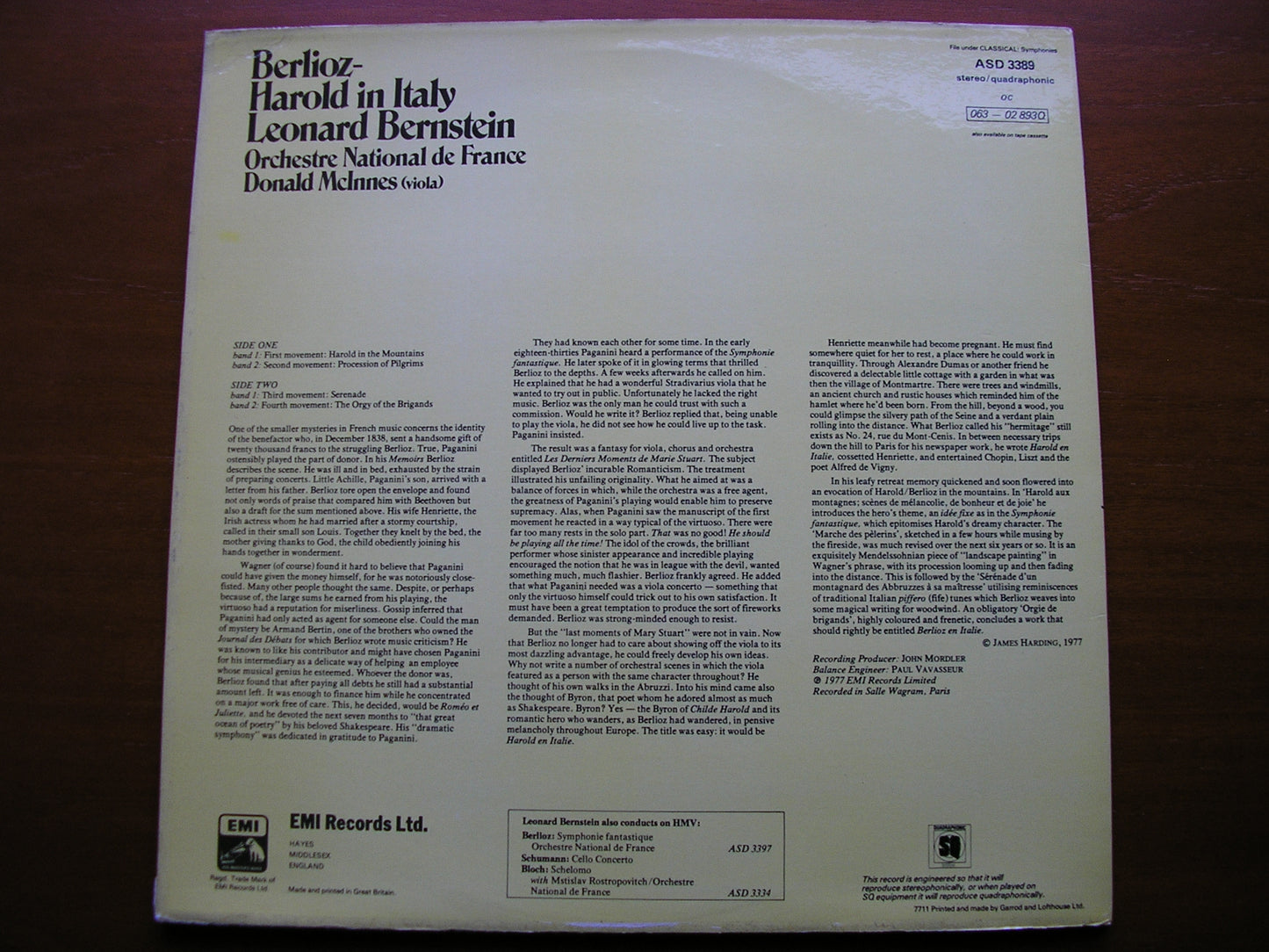 BERLIOZ: HAROLD IN ITALY   McINNES / FRENCH NATIONAL ORCHESTRA / LEONARD BERNSTEIN   ASD 3389