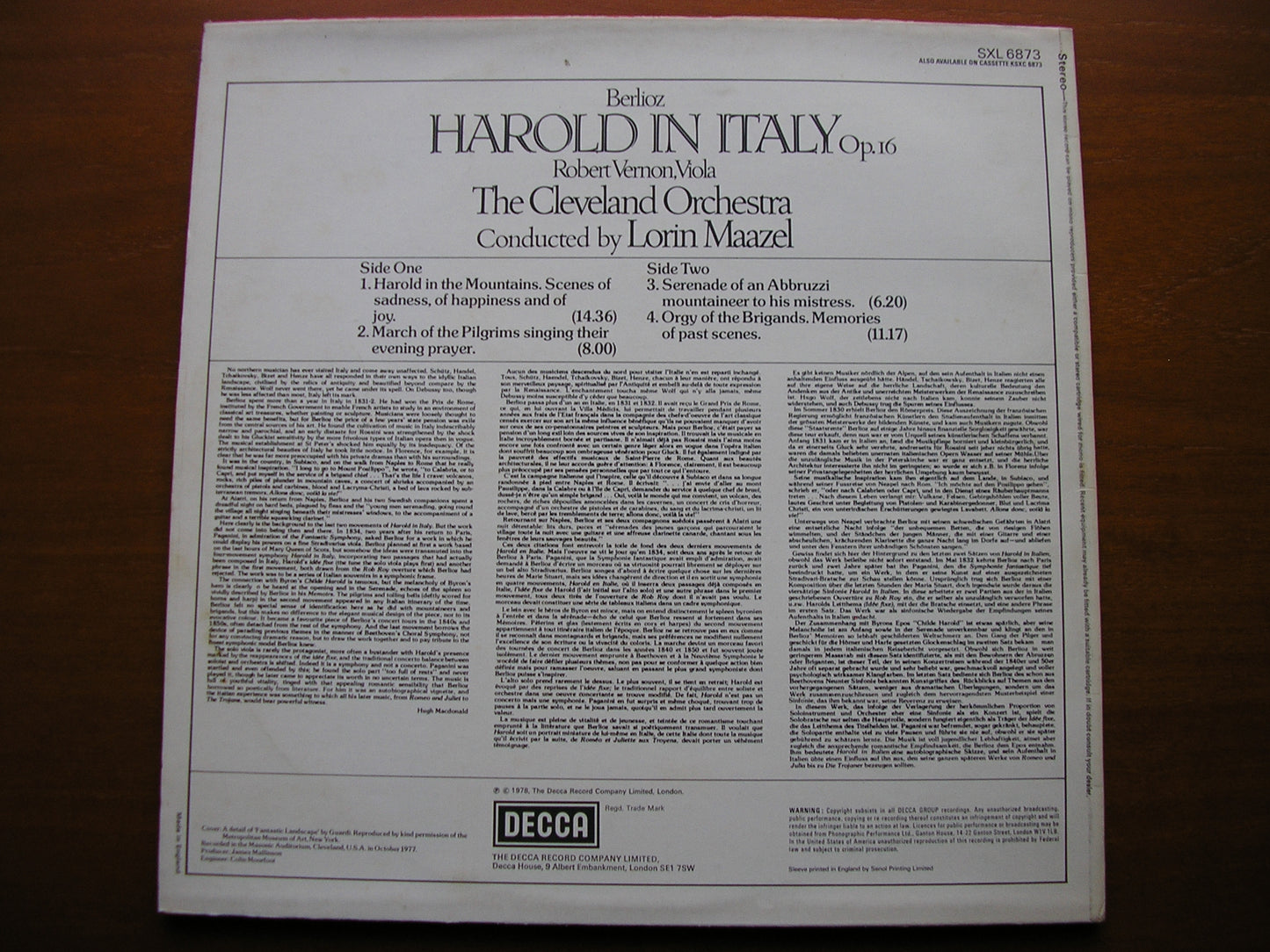 BERLIOZ: HAROLD IN ITALY   VERNON / CLEVELAND ORCHESTRA / MAAZEL   SXL 6873