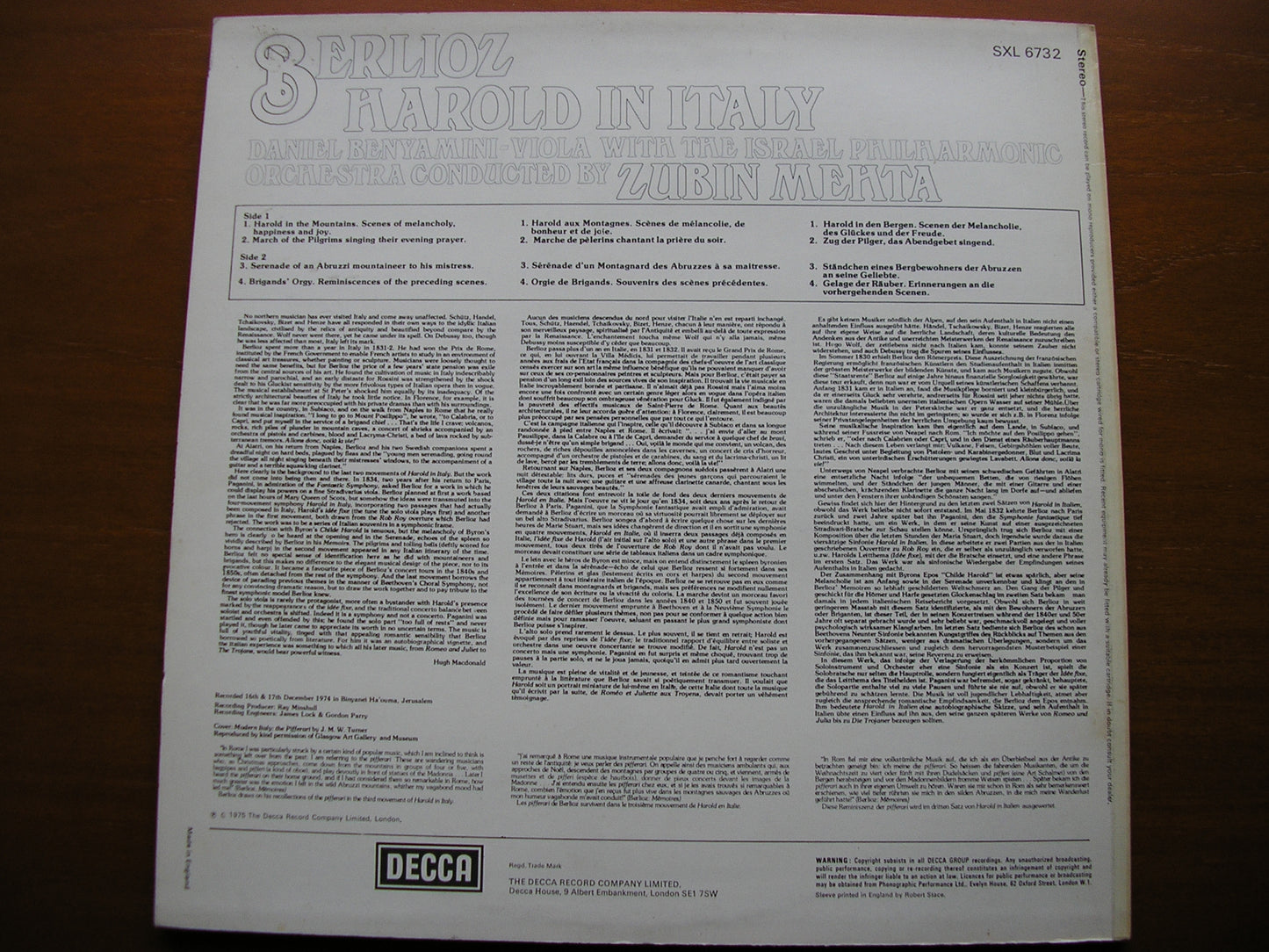 BERLIOZ: HAROLD IN ITALY   BENYAMINI / ISRAEL PHILHARMONIC / MEHTA   SXL 6732