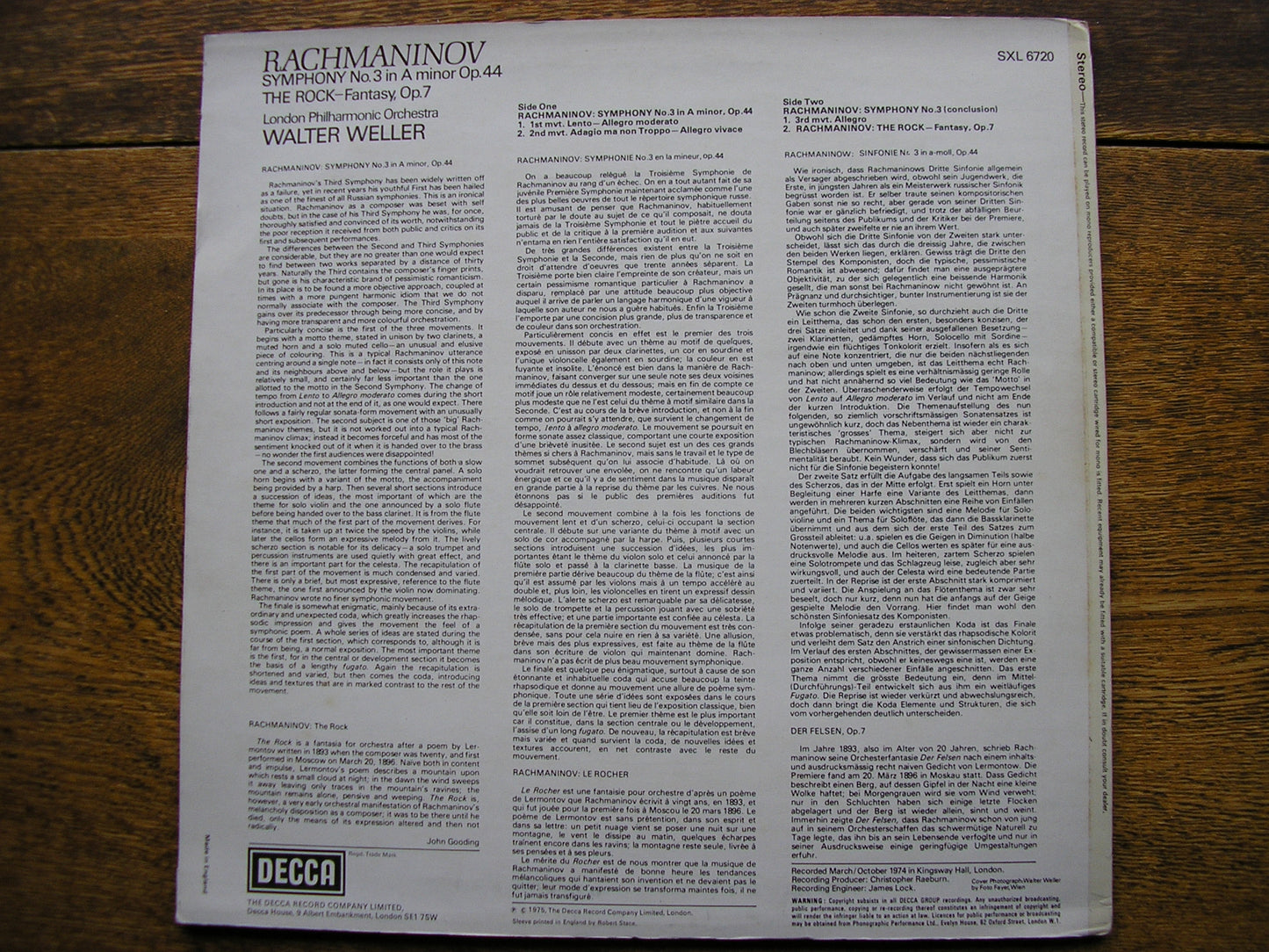 RACHMANINOV: SYMPHONY No. 3 / THE ROCK  WELLER / LONDON PHILHARMONIC  SXL 6720