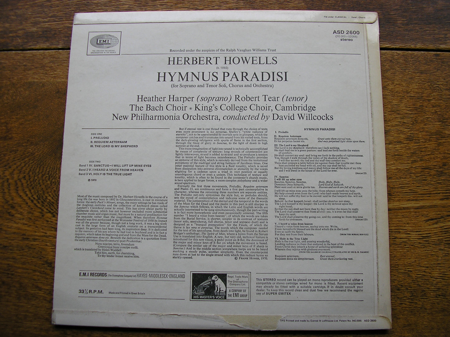 HOWELLS: HYMNUS PARADISI   HARPER / TEAR / NEW PHILHARMONIA / DAVID WILLCOCKS  ASD 2600