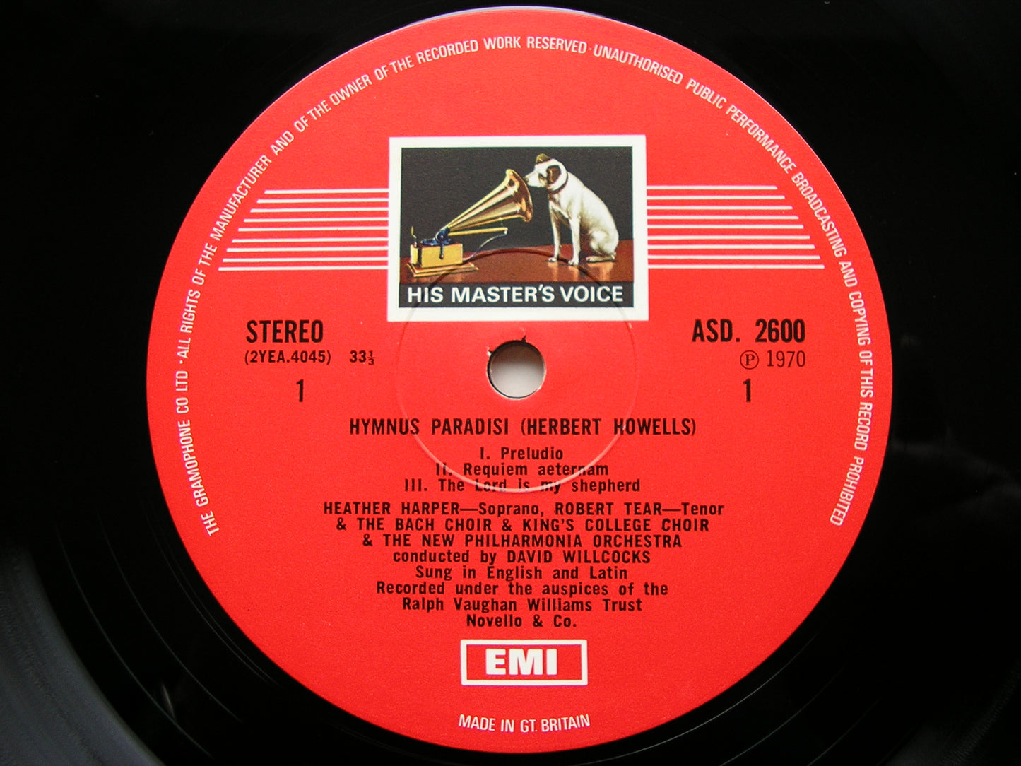 HOWELLS: HYMNUS PARADISI   HARPER / TEAR / NEW PHILHARMONIA / DAVID WILLCOCKS  ASD 2600