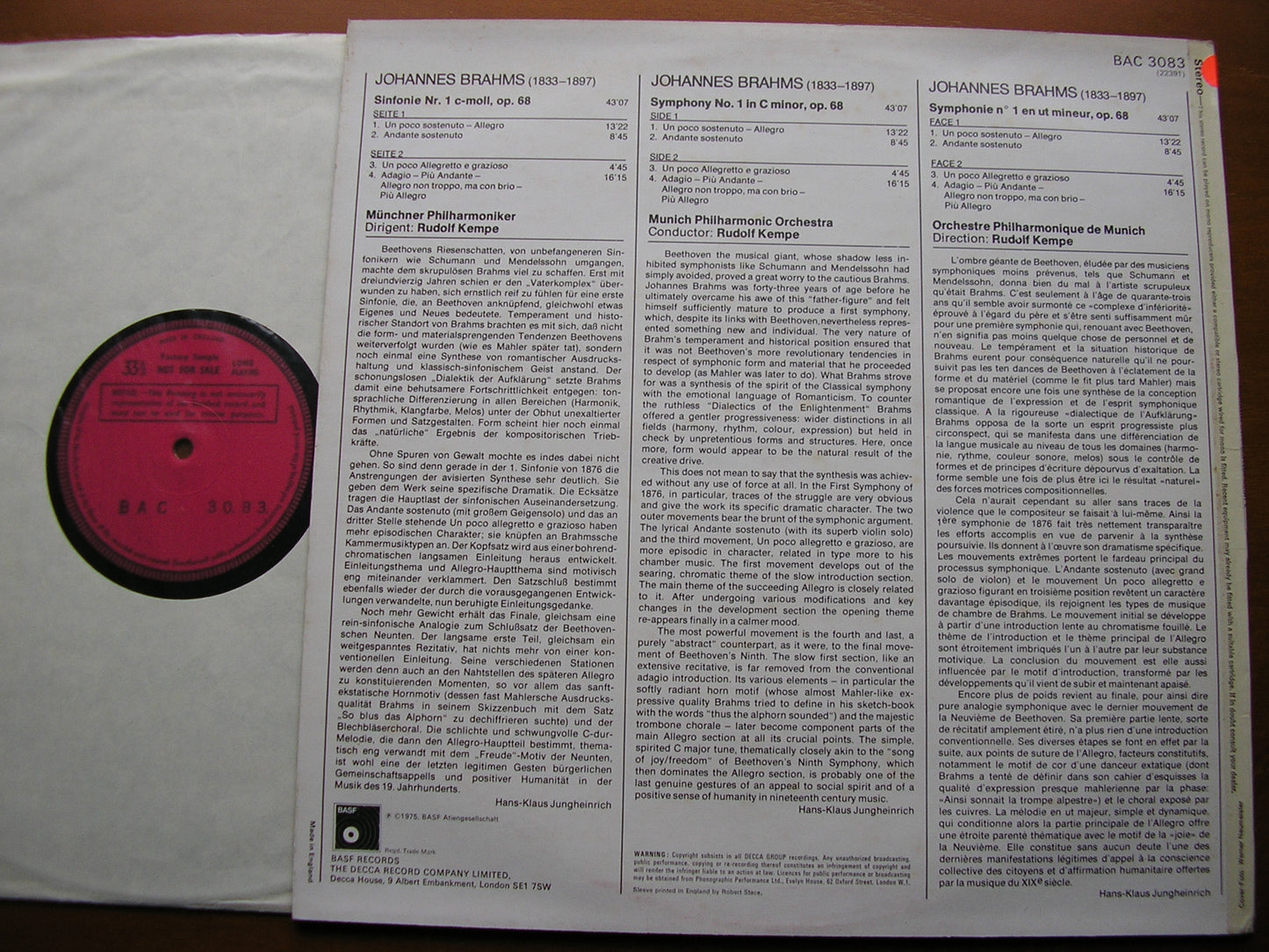 BRAHMS: SYMPHONY No. 1    KEMPE / MUNICH PHILHARMONIC ORCHESTRA   BAC 3083