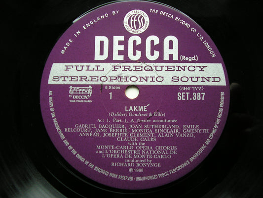DELIBES: LAKME - SUTHERLAND / VANZO / BACQUIER / MONTE CARLO OPERA / RICHARD BONYNGE   SET 387 - 9