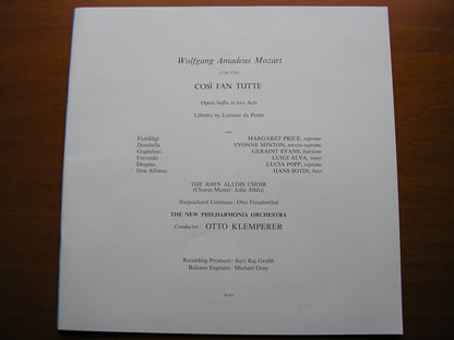 MOZART: COSI FAN TUTTE - PRICE / MINTON / POPP / ALVA / EVANS / SOTIN / NEW PHILHARMONIA / OTTO KLEMPERER    SLS 961