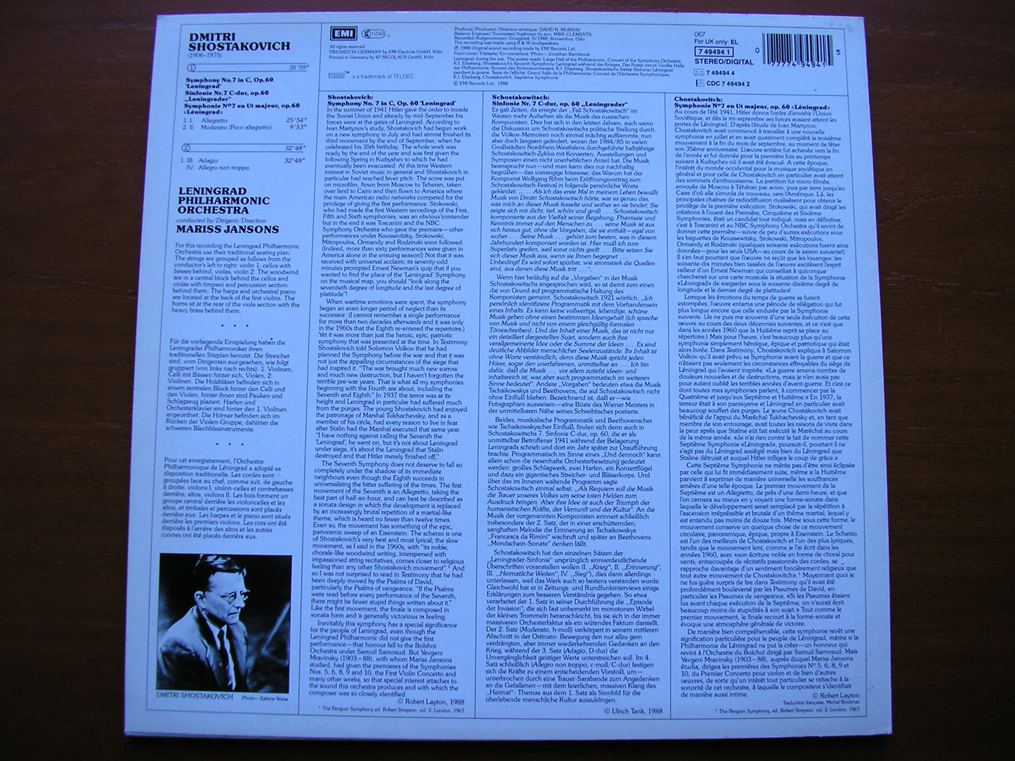 SHOSTAKOVICH: SYMPHONY No. 7 'Leningrad'   JANSONS / LENINGRAD PHILHARMONIC   749494