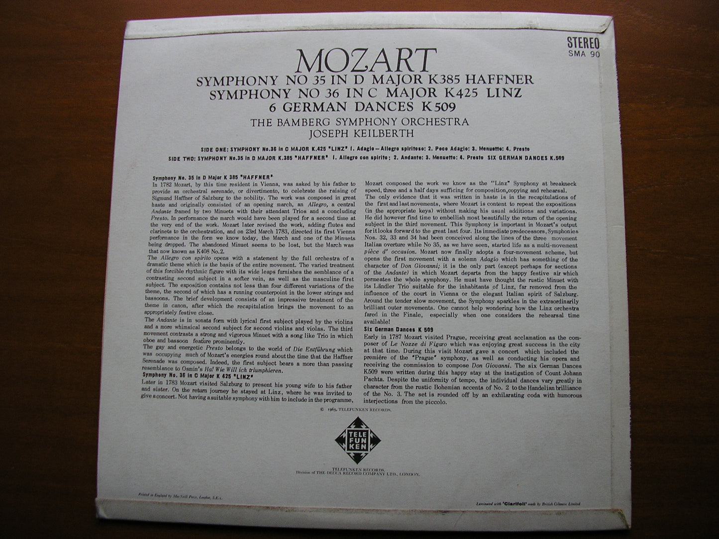 MOZART: SYMPHONIES Nos. 35 'Haffner' & 36 'Linz'      KEILBERTH / BAMBERG SYMPHONY    SMA 90