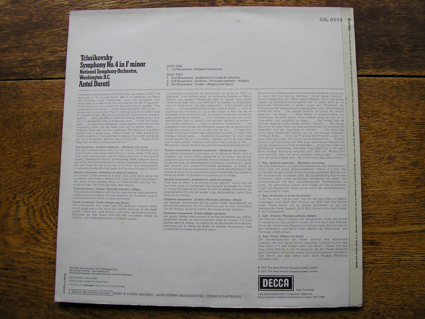TCHAIKOVSKY: SYMPHONY No. 4   ANTAL DORATI / NATIONAL SYMPHONY ORCHESTRA   SXL 6574