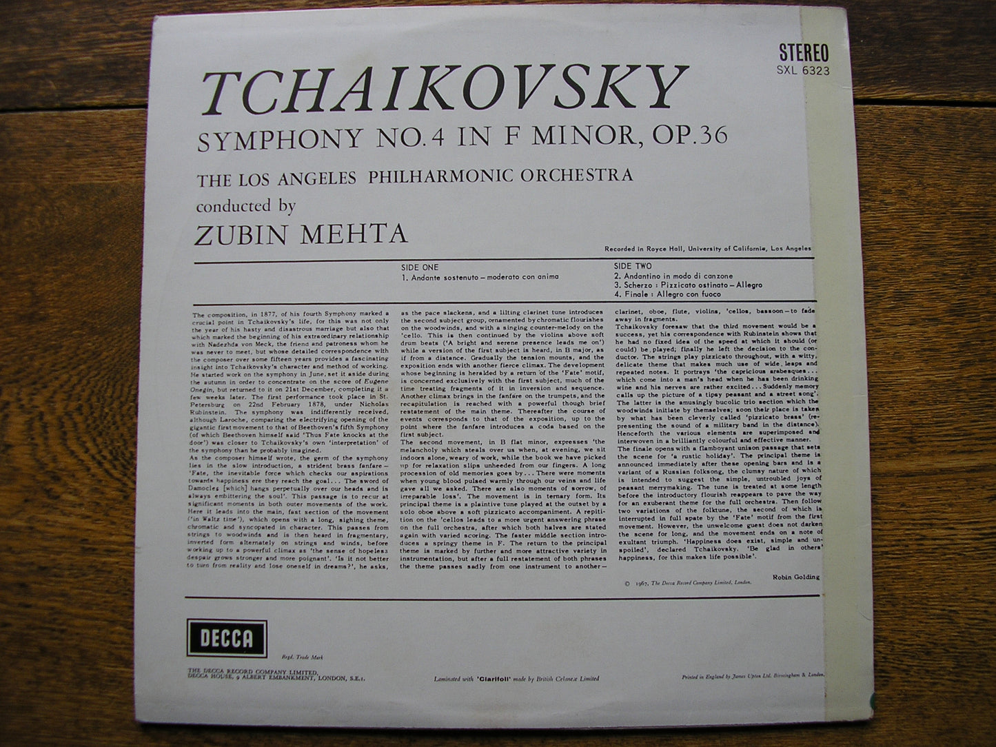 TCHAIKOVSKY: SYMPHONY No. 4   MEHTA / LOS ANGELES PHILHARMONIC  SXL 6323
