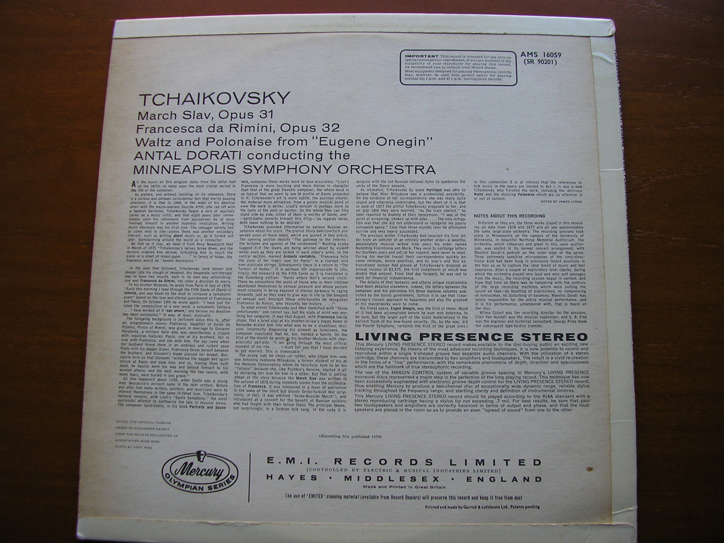 TCHAIKOVSKY: WALTZ & POLONAISE from EUGENE ONEGIN / FRANCESCA DA RIMINI / MARCHE SLAVE   MINNEAPOLIS SYMPHONY / DORATI   AMS 16059