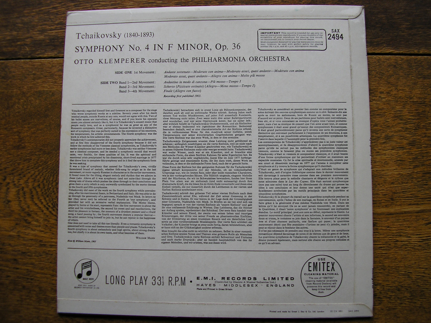 TCHAIKOVSKY: SYMPHONY No. 4  KLEMPERER / PHILHARMONIA ORCHESTRA  SAX 2494