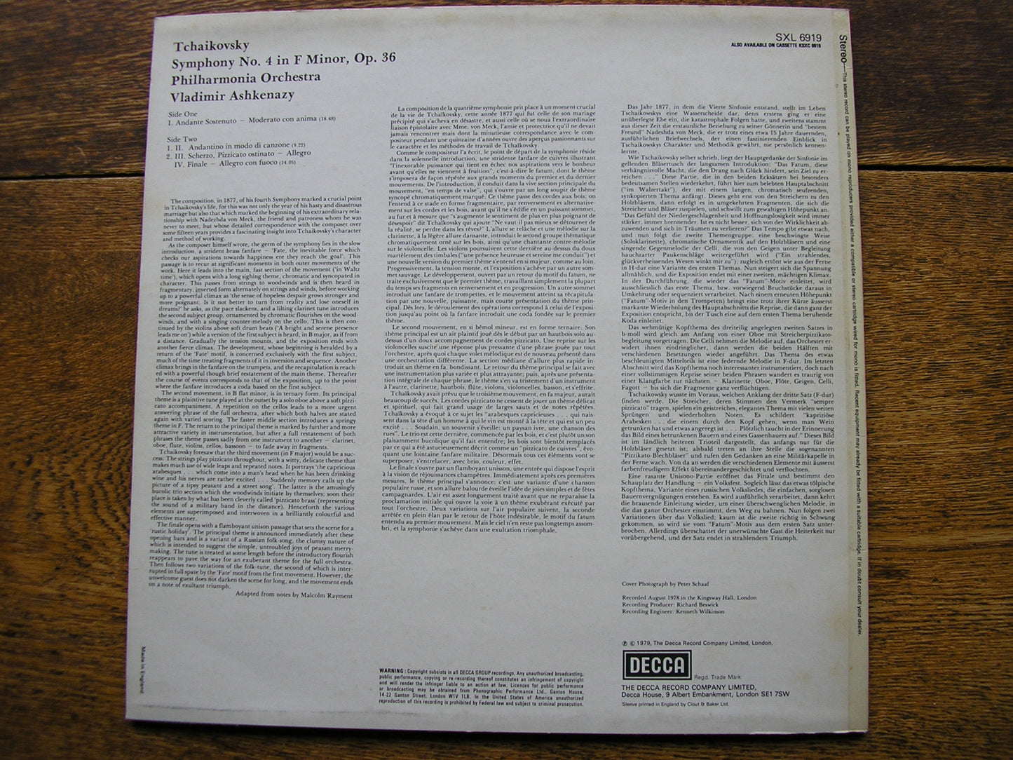 TCHAIKOVSKY: SYMPHONY No. 4   ASHKENAZY / PHILHARMONIA ORCHESTRA  SXL 6919