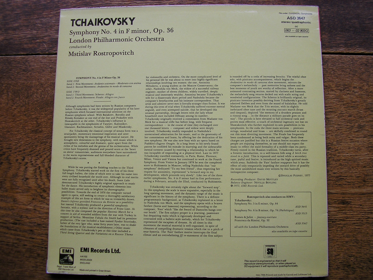 TCHAIKOVSKY: SYMPHONY No. 4  ROSTROPOVITCH / LONDON PHILHARMONIC  ASD 3647