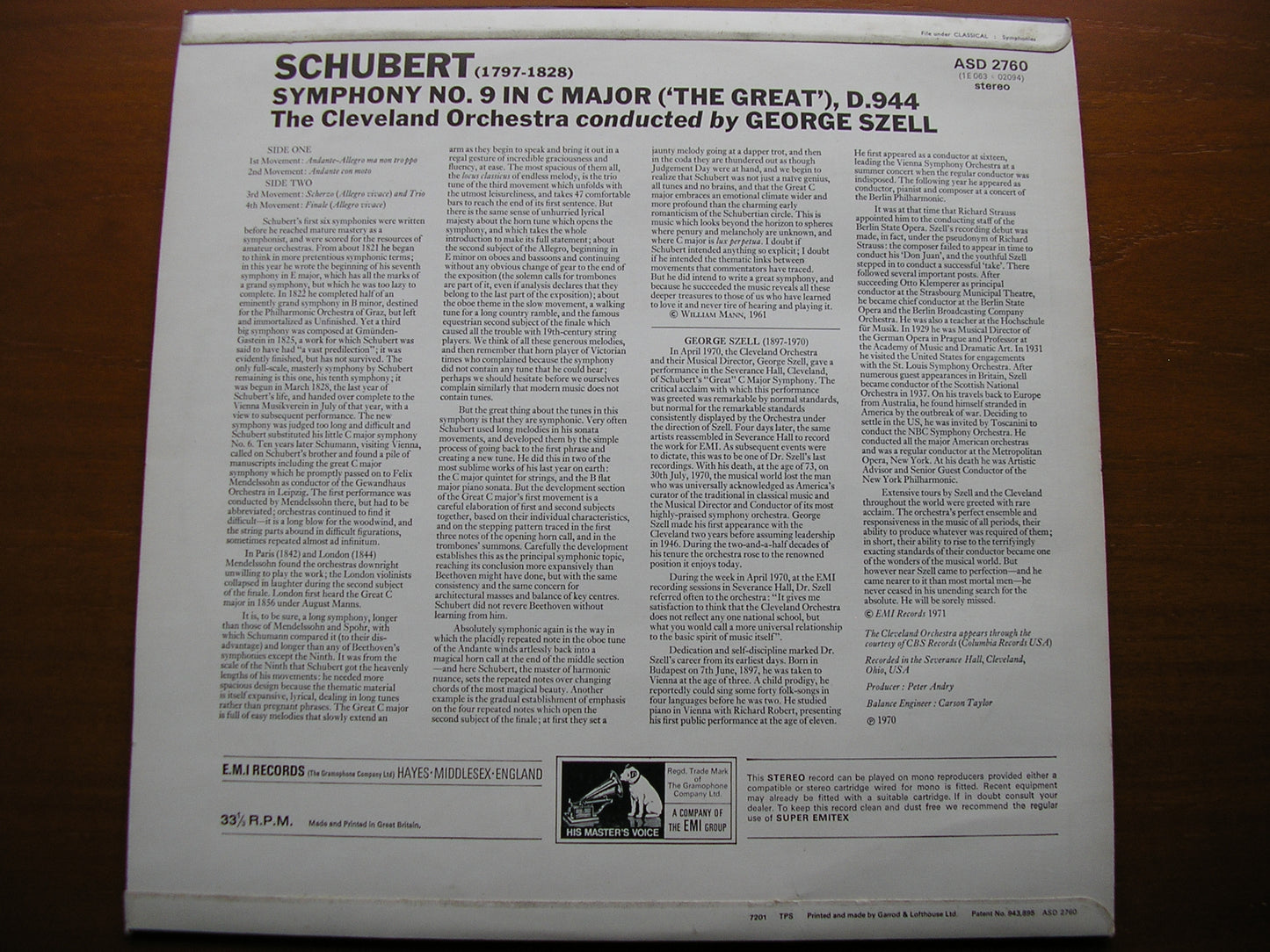 SCHUBERT: SYMPHONY No. 9  'Great C Major'   SZELL / CLEVELAND ORCHESTRA   ASD 2760