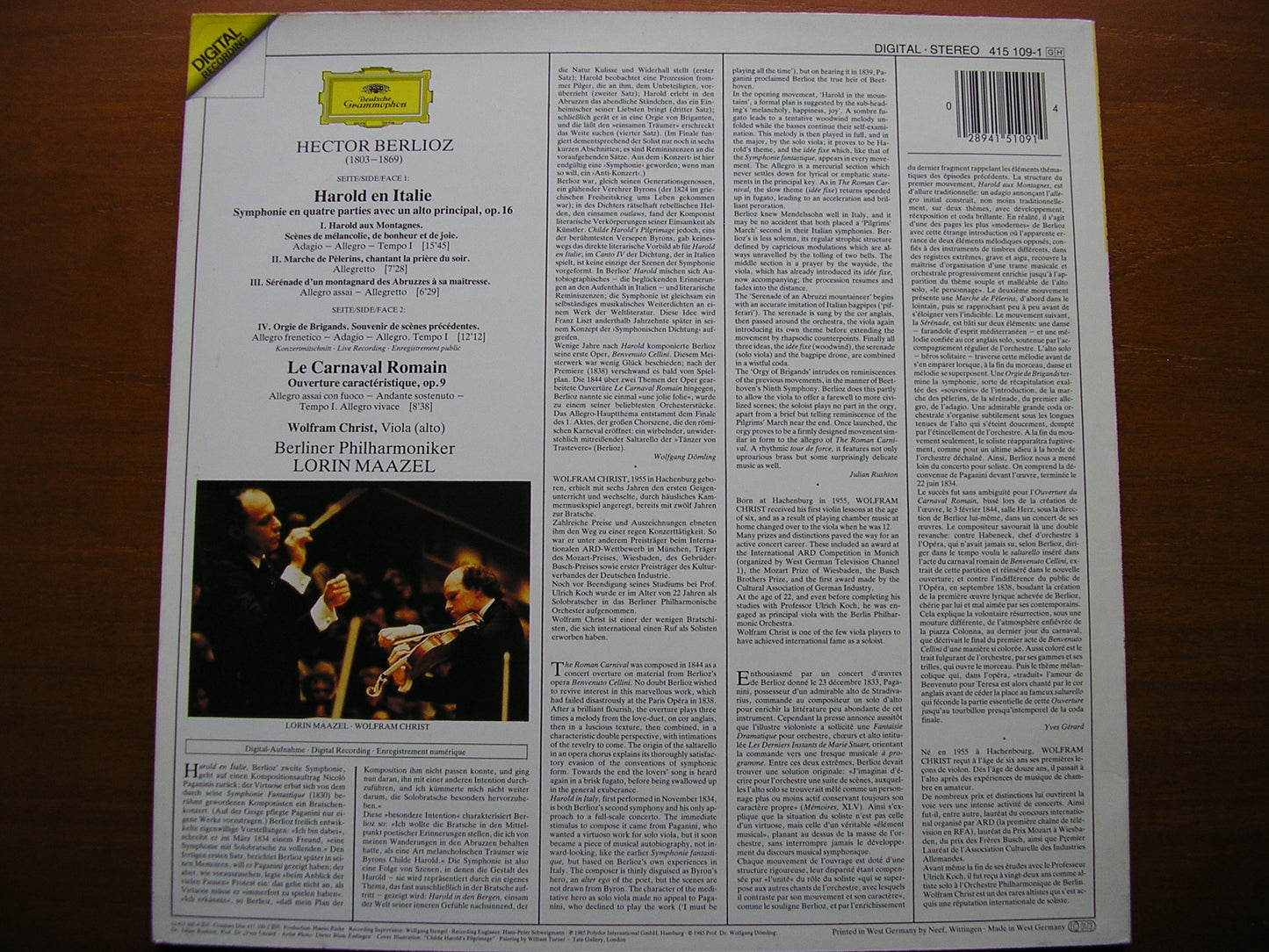 BERLIOZ: HAROLD IN ITALY / LE CARNIVAL ROMAIN   MAAZEL / BERLIN PHILHARMONIC   415 109