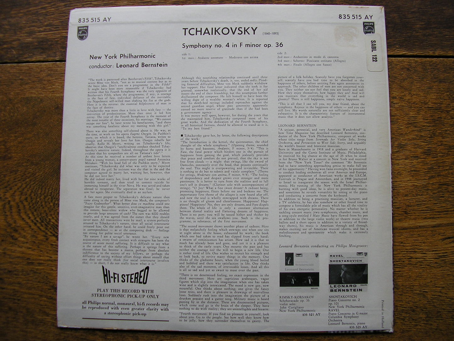 TCHAIKOVSKY: SYMPHONY No. 4  BERNSTEIN / NEW YORK PHILHARMONIC  SABL 122