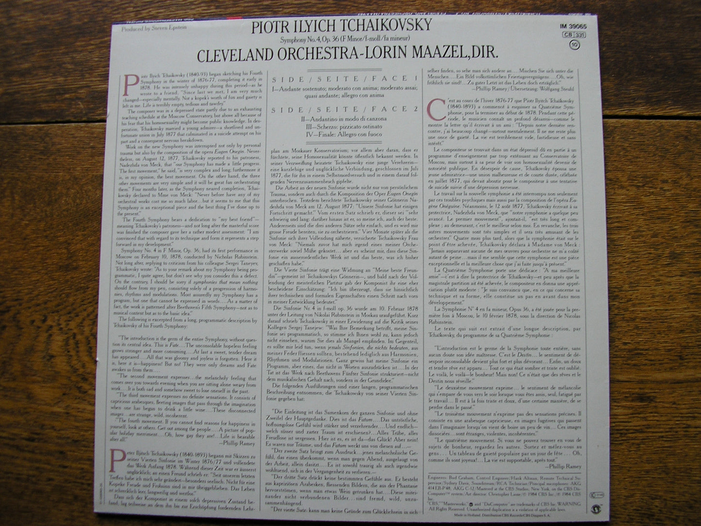 TCHAIKOVSKY: SYMPHONY No. 4  MAAZEL / CLEVELAND ORCHESTRA  IM 39065