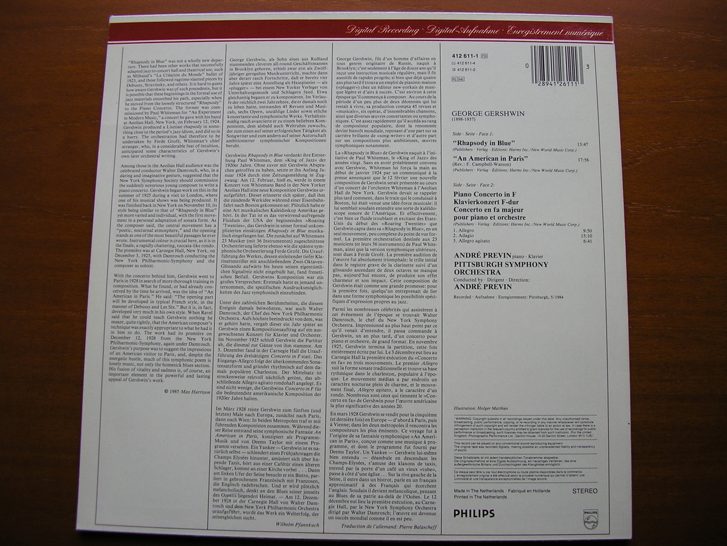 GERSHWIN: RHAPSODY IN BLUE / CONCERTO in F / AN AMERICAN IN PARIS   PREVIN / PITTSBURGH SYMPHONY  412 611