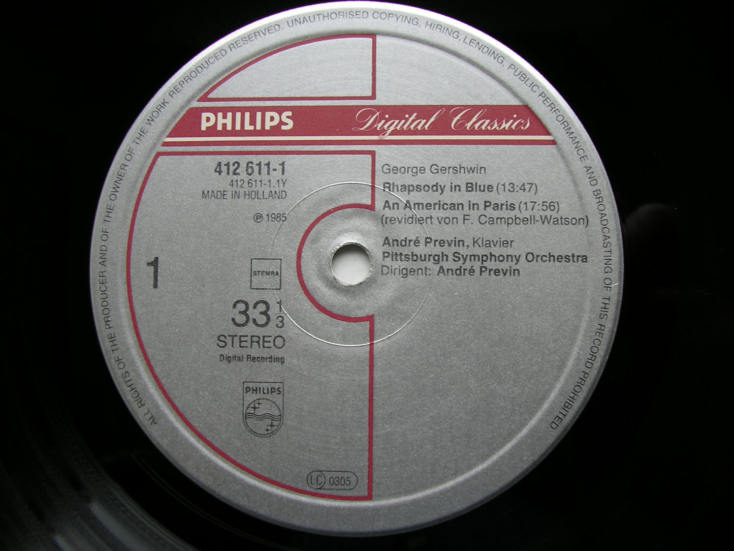 GERSHWIN: RHAPSODY IN BLUE / CONCERTO in F / AN AMERICAN IN PARIS   PREVIN / PITTSBURGH SYMPHONY  412 611