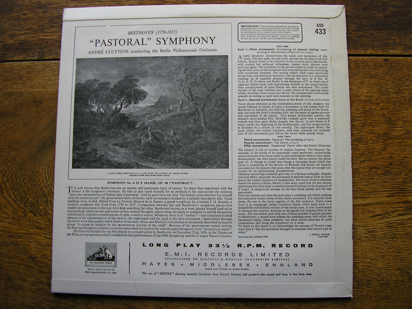 BEETHOVEN: 'PASTORAL' SYMPHONY ANDRE CLUYTENS / BERLIN PHILHARMONIC ORCHESTRA ASD 433