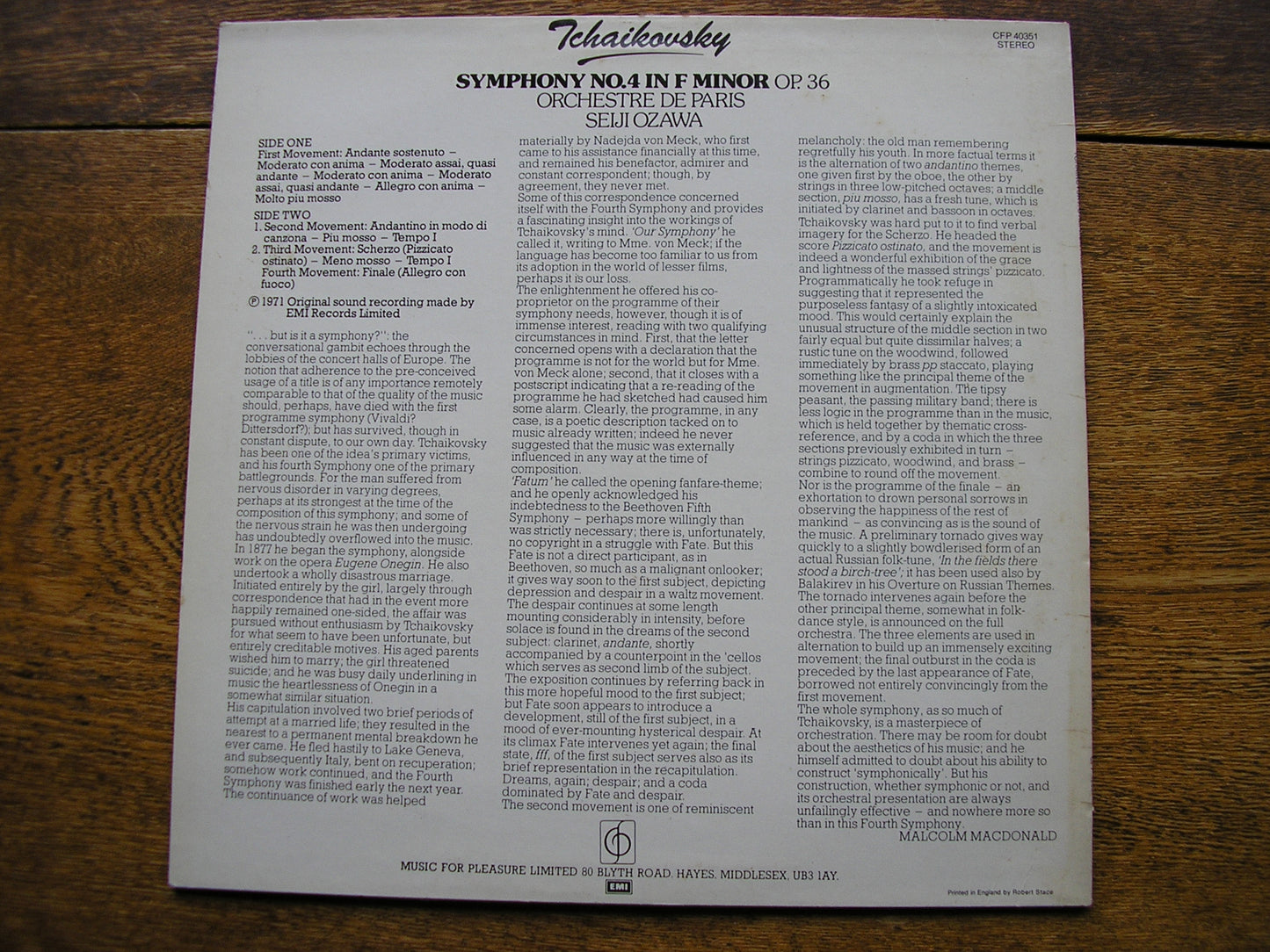 TCHAIKOVSKY: SYMPHONY No. 4   OZAWA / ORCHESTRE DE PARIS   CFP 40351