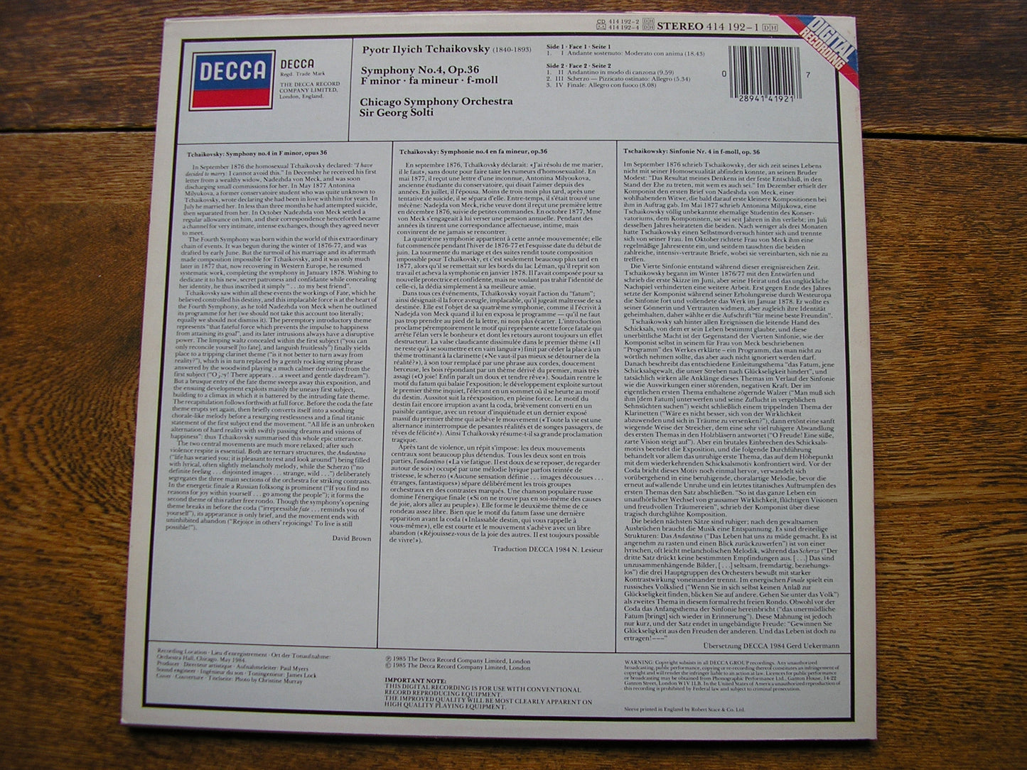 TCHAIKOVSKY: SYMPHONY No. 4    SOLTI / CHICAGO SYMPHONY   414 192