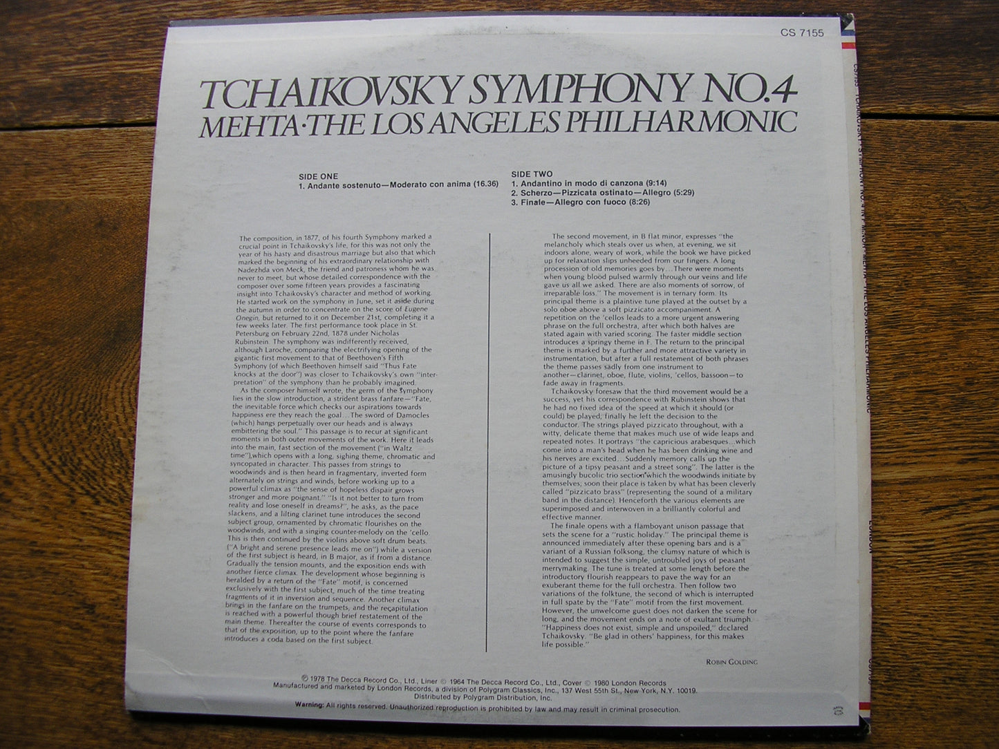TCHAIKOVSKY: SYMPHONY No. 4   MEHTA / LOS ANGELES PHILHARMONIC   CS 7155