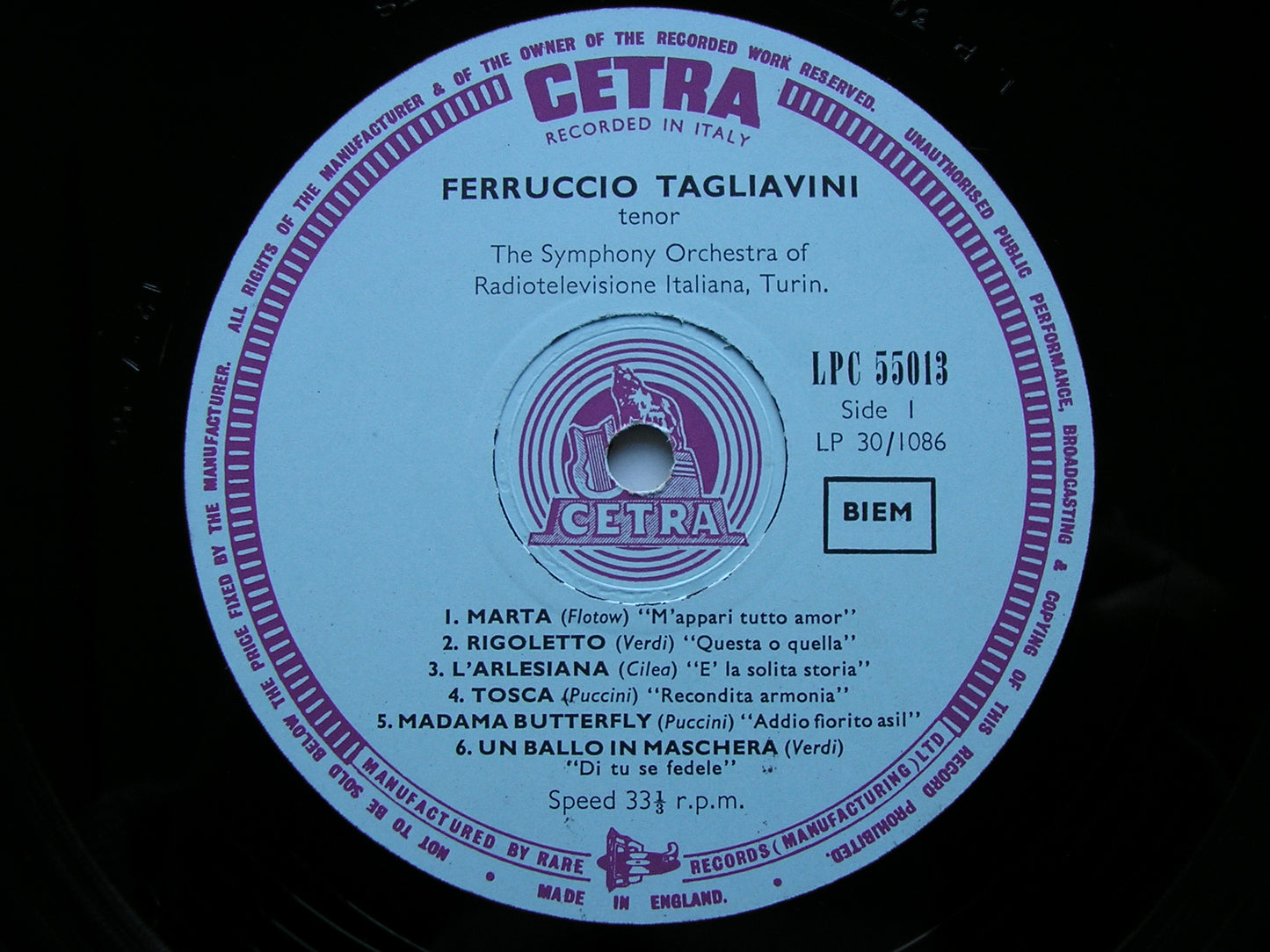 FERRUCCIO TAGLIAVINI SINGS OPERA ARIAS BY VERDI/CILEA/PUCCINI/FLOTOW    LPC 55013