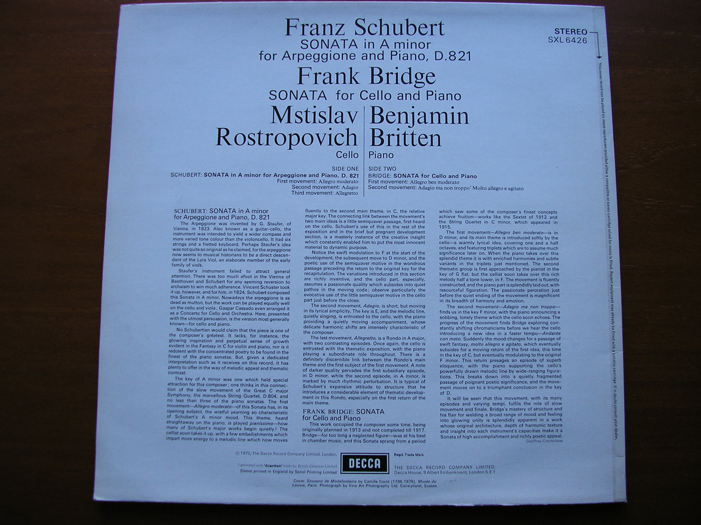 SCHUBERT: ARPEGGIONE SONATA / BRIDGE: SONATA FOR CELLO & PIANO   ROSTROPOVICH / BRITTEN  SXL 6426