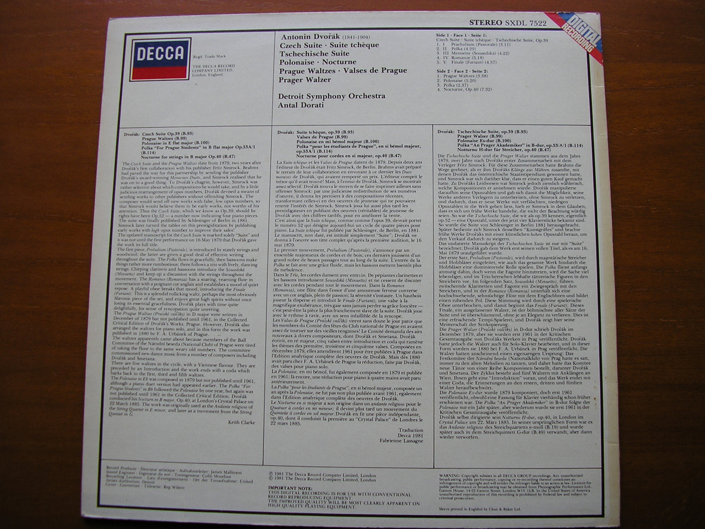 DVORAK: CZECH SUITE / PRAGUE WALTZES / POLONAISE / NOCTURNE    DORATI / DETROIT SYMPHONY   SXDL 7522