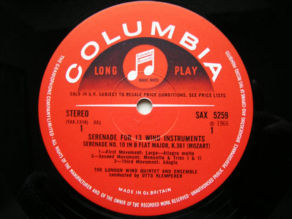MOZART: SERENADE No. 10 FOR 13 WIND INSTRUMENTS K361     OTTO KLEMPERER / THE LONDON WIND QUINTET & ENSEMBLE    SAX 5259