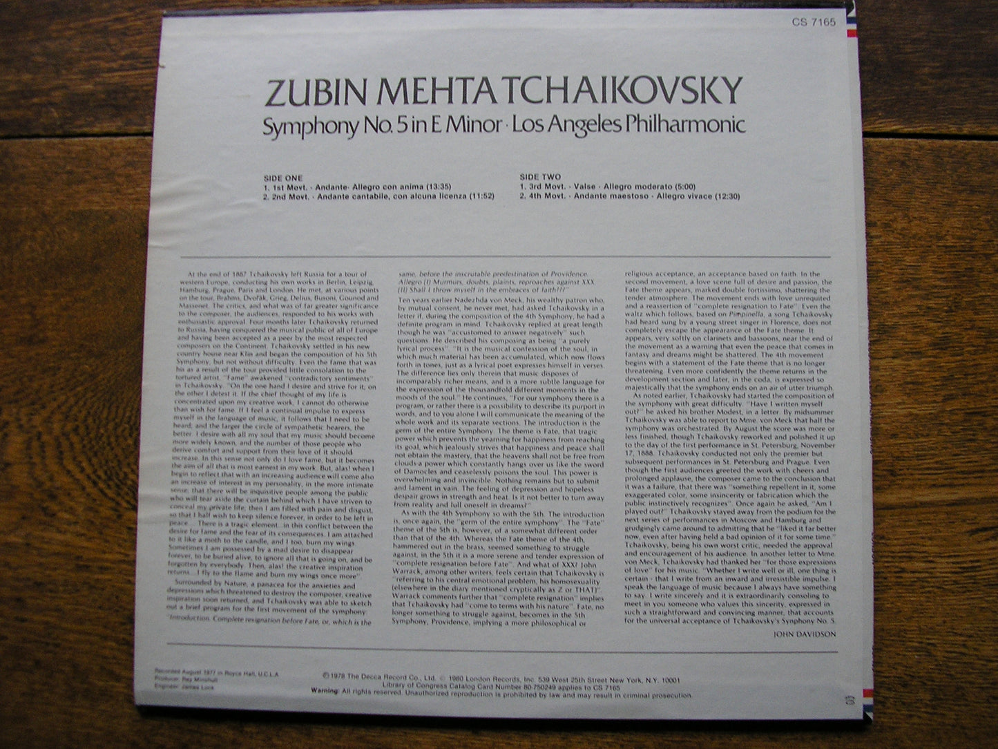 TCHAIKOVSKY: SYMPHONY No. 5   MEHTA / LOS ANGELES PHILHARMONIC   CS 7165