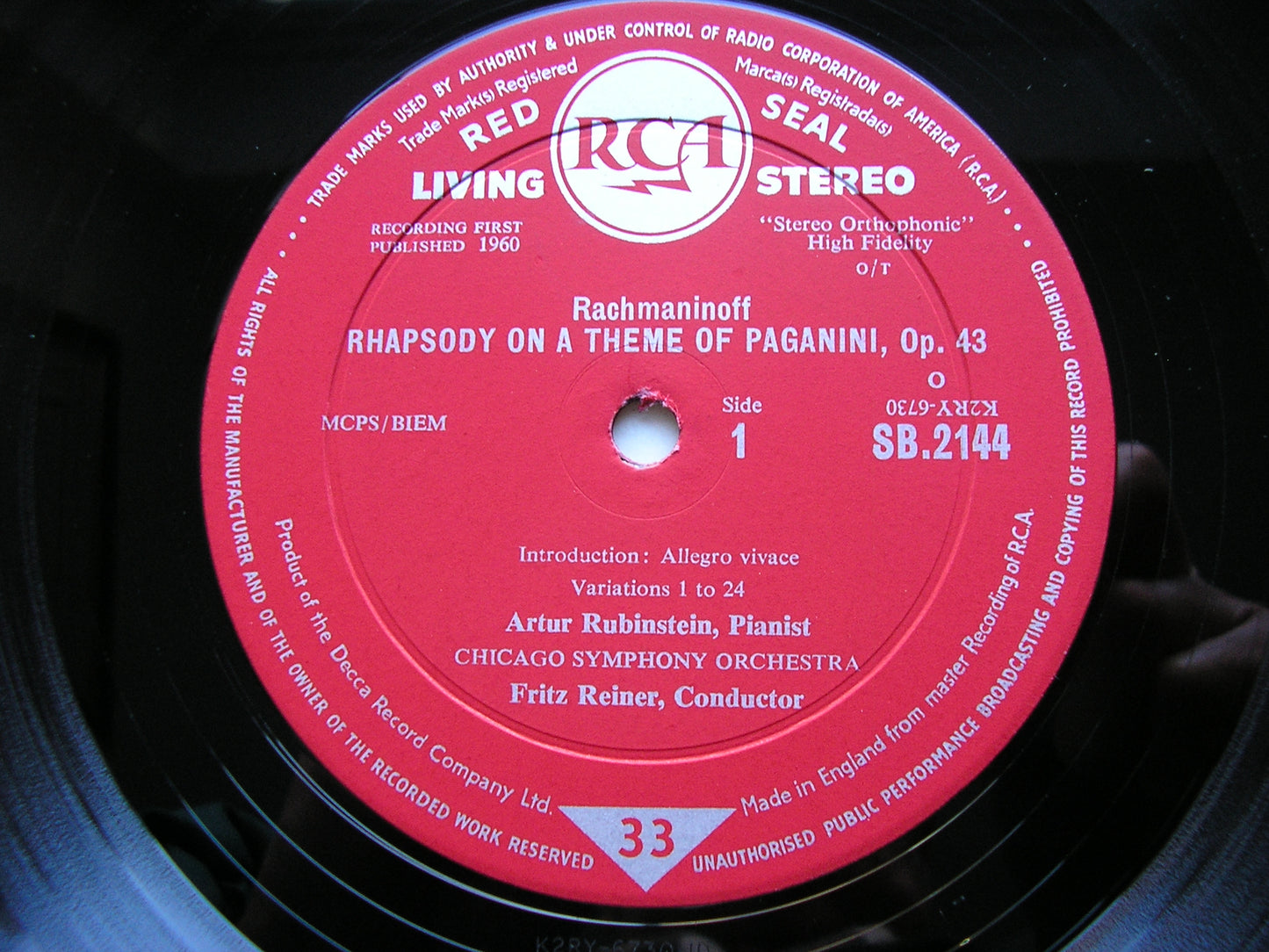 RACHMANINOV: RHAPSODY ON A THEME OF PAGANINI / FALLA: NIGHTS IN THE GARDENS OF SPAIN      RUBINSTEIN / REINER / CSO / JORDA / SFSO    SB 2144