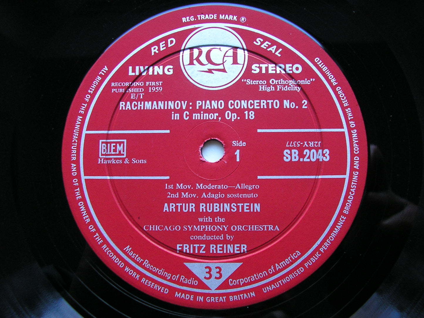 RACHMANINOV: PIANO CONCERTO No. 2    RUBINSTEIN / CHICAGO SYMPHONY / REINER     SB 2043
