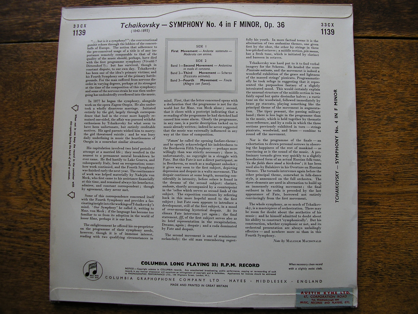 TCHAIKOVSKY: SYMPHONY No. 4  KARAJAN / PHILHARMONIA  33CX 1139