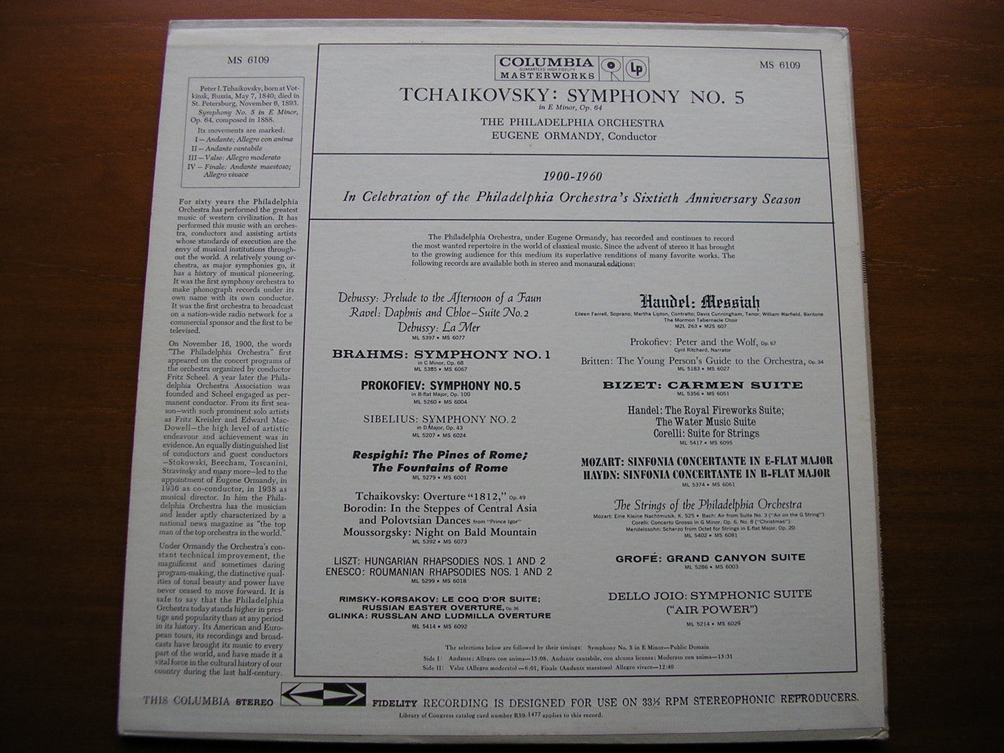 TCHAIKOVSKY: SYMPHONY No. 5    ORMANDY / PHILADELPHIA ORCHESTRA   MS 6109