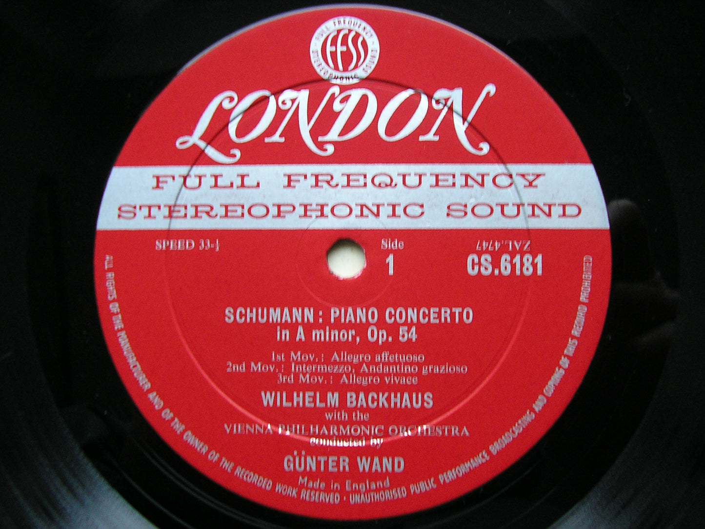 SCHUMANN: PIANO CONCERTO / WALDSCENEN     BACKHAUS / VIENNA PHILHARMONIC / WAND     CS 6181